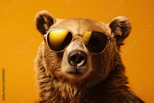 Fashionista bear A brown bear up close wearing sunglasses, showing off its fashion sense in the wild. Ideal for travel and adventure-themed designs. AI Generative. photo
