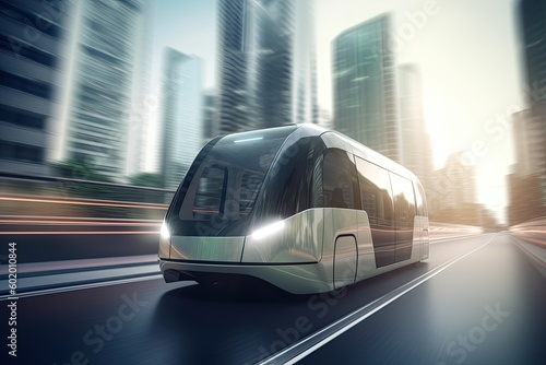 Futuristic electric vehicle train auto drive on the road. Auto drive system electric vehicle. Generative AI.