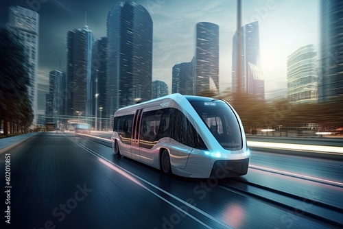 Futuristic electric vehicle train auto drive on the road. Auto drive system electric vehicle. Generative AI. © hugo