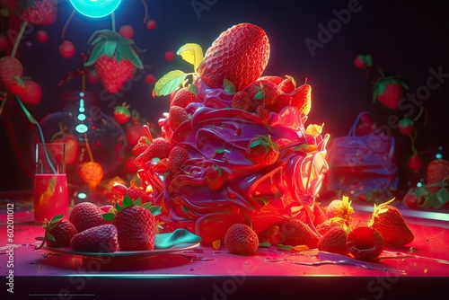 Neon light grows in the background with strawberries and cake. Generative AI.
