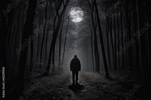 Silhouette of a person walking in the woods with full moon. Generative AI.