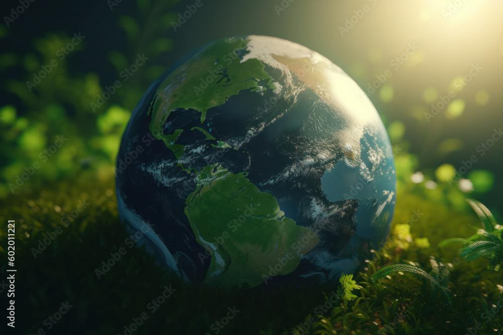 Environmentally conscious technology, represented by a glass globe resting on verdant moss, in a meadow teeming with life. World Environment Day. AI Generative. Environmentally conscious technology, represented by a glass globe resting on verdant moss, in a meadow teeming with life. World Environment Day. AI Generative.