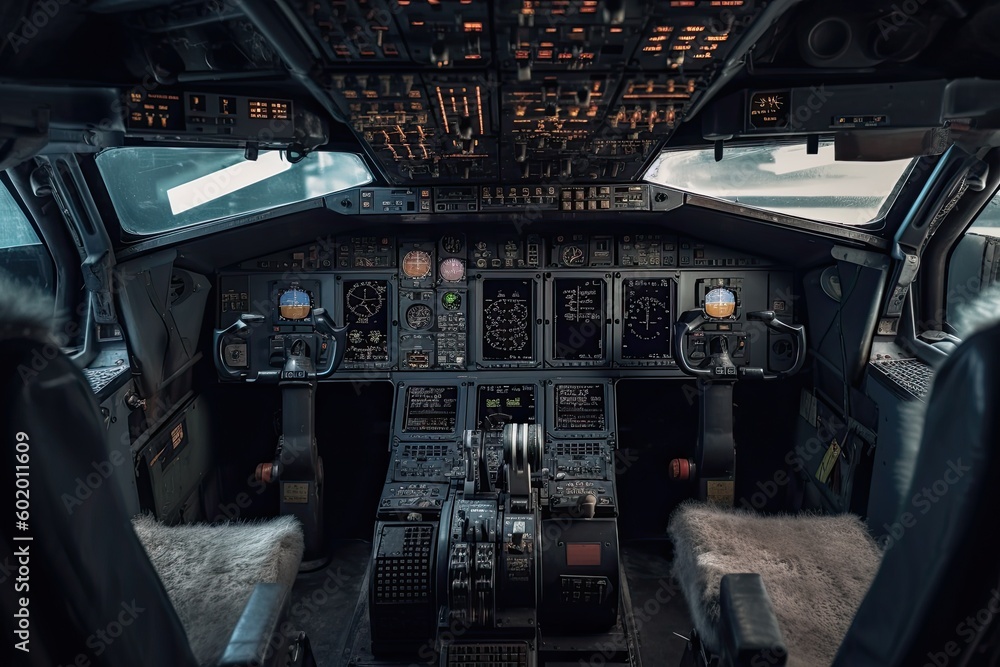 Fototapeta premium The cockpit of airplane. Generative AI.