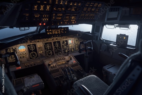 The cockpit of airplane. Generative AI.