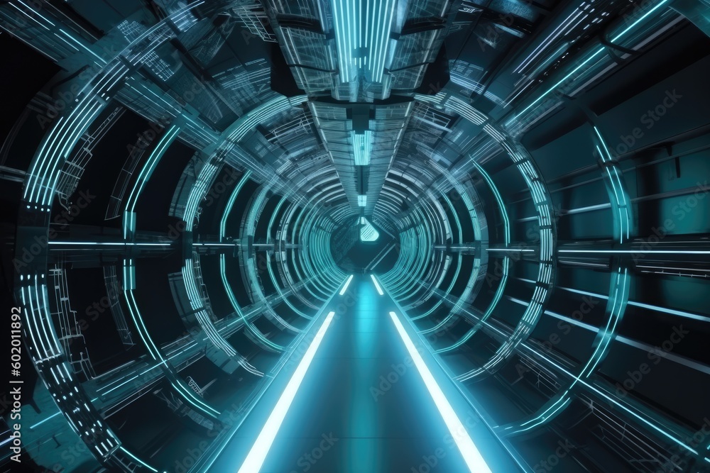 Abstract neon light tunnel background. Generative AI. Abstract neon light tunnel background. Generative AI.