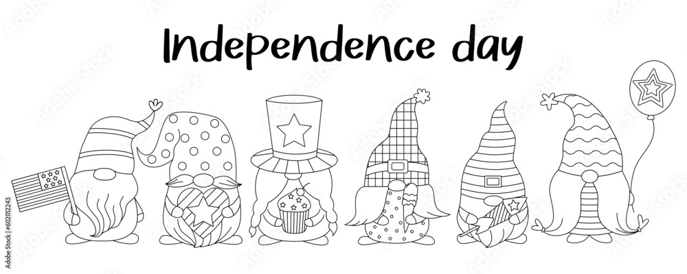 Set cute gnomes with 4th july celebration elements for American Independence Day. Doodle cartoon style. Hand drawn outline.