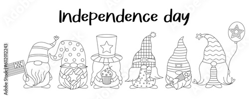 Set cute gnomes with 4th july celebration elements for American Independence Day. Doodle cartoon style. Hand drawn outline.