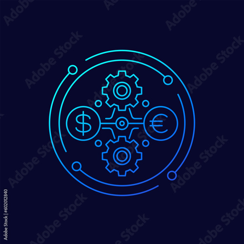 dollar to euro exchange icon with gears, linear design