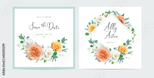 Elegant floral wedding invite, save the date card set. Watercolor peach, yell...