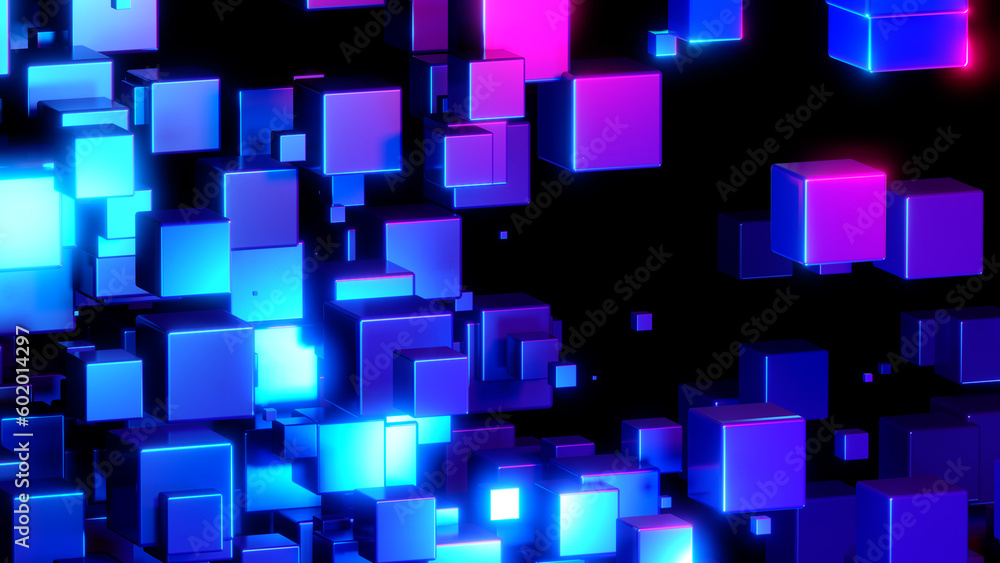 Abstract background 3d, many metallic blue cubes with neon glow on black Abstract background 3d, many metallic blue cubes with neon glow on black