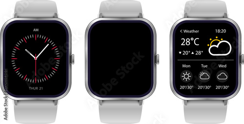 Smartwatch collection, realistic wrist watches isolated on white