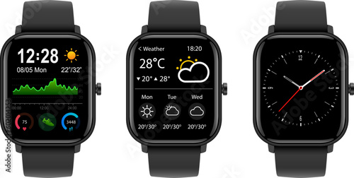 Smartwatch collection, realistic wrist watches isolated on white