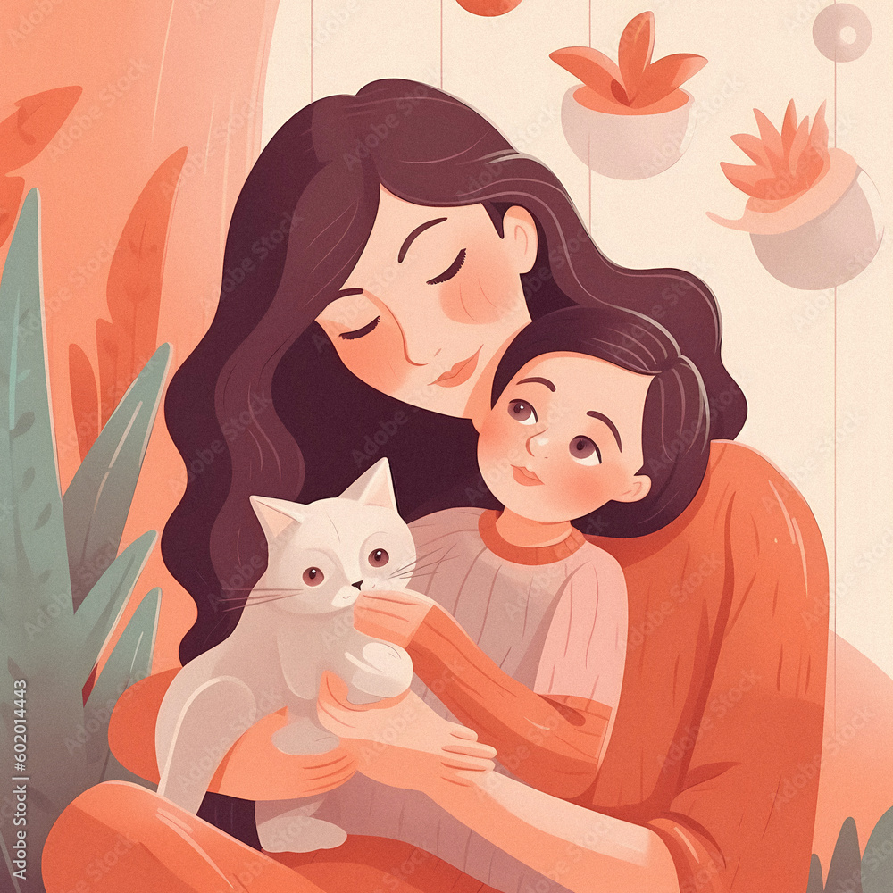 Simple and Elegant Mother's Day Poster: Gentle Mother Holding Cute Child in Flat-Illustration, Cozy Living Room, Warm Colors Simple and Elegant Mother's Day Poster: Gentle Mother Holding Cute Child in Flat-Illustration, Cozy Living Room, Warm Colors