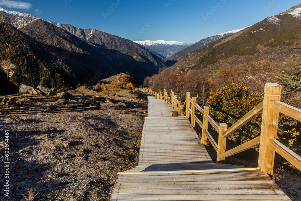 Boardwalk in Haizi valley near Siguniang mountain in Sichuan province, China