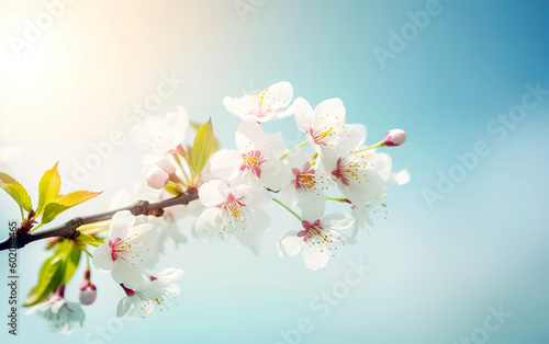 Almond tree flowers with branches and almond nut close up. Blossom season. Generative AI.