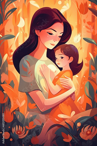 Cozy Living Room Mother s Day Poster  Loving Mother and Child Bonding  Flat-Illustration  Warm Colors  Sparkling Eyes