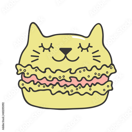Cute macaron with kawaii cat face cartoon character illustration. Hand drawn style design, line art, isolated vector. Kids print element, food logo, sweets, dessert, baking, bakery, cafe menu