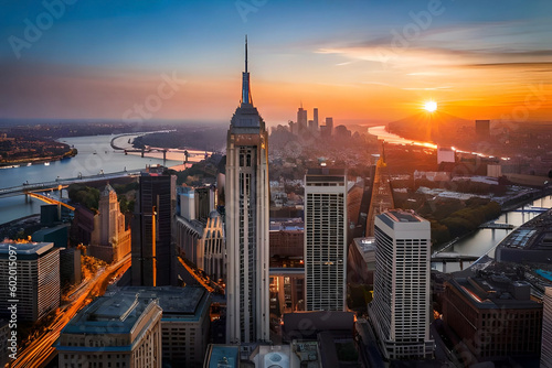 a sunset over a city skyline