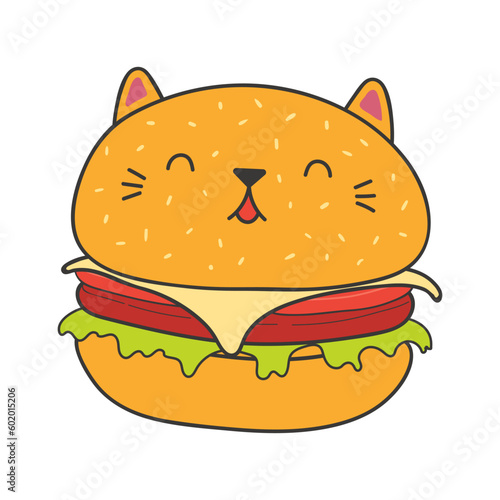 Cute hamburger with kawaii cat face cartoon character illustration. Hand drawn style design, line art, isolated vector. Kids print element, food logo, cooking, cafe menu