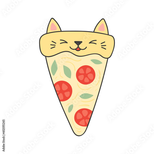 Cute pizza slice with kawaii cat face cartoon character illustration. Hand drawn style design, line art, isolated vector. Kids print element, food logo, baking, cooking, cafe menu