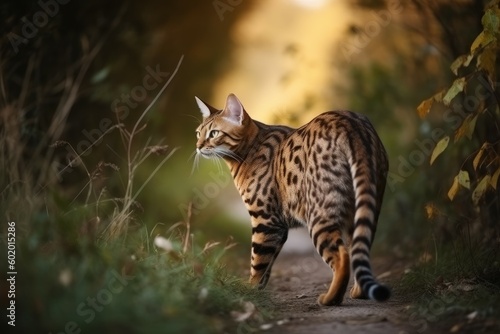 Bengal cat forest walking. Generate Ai