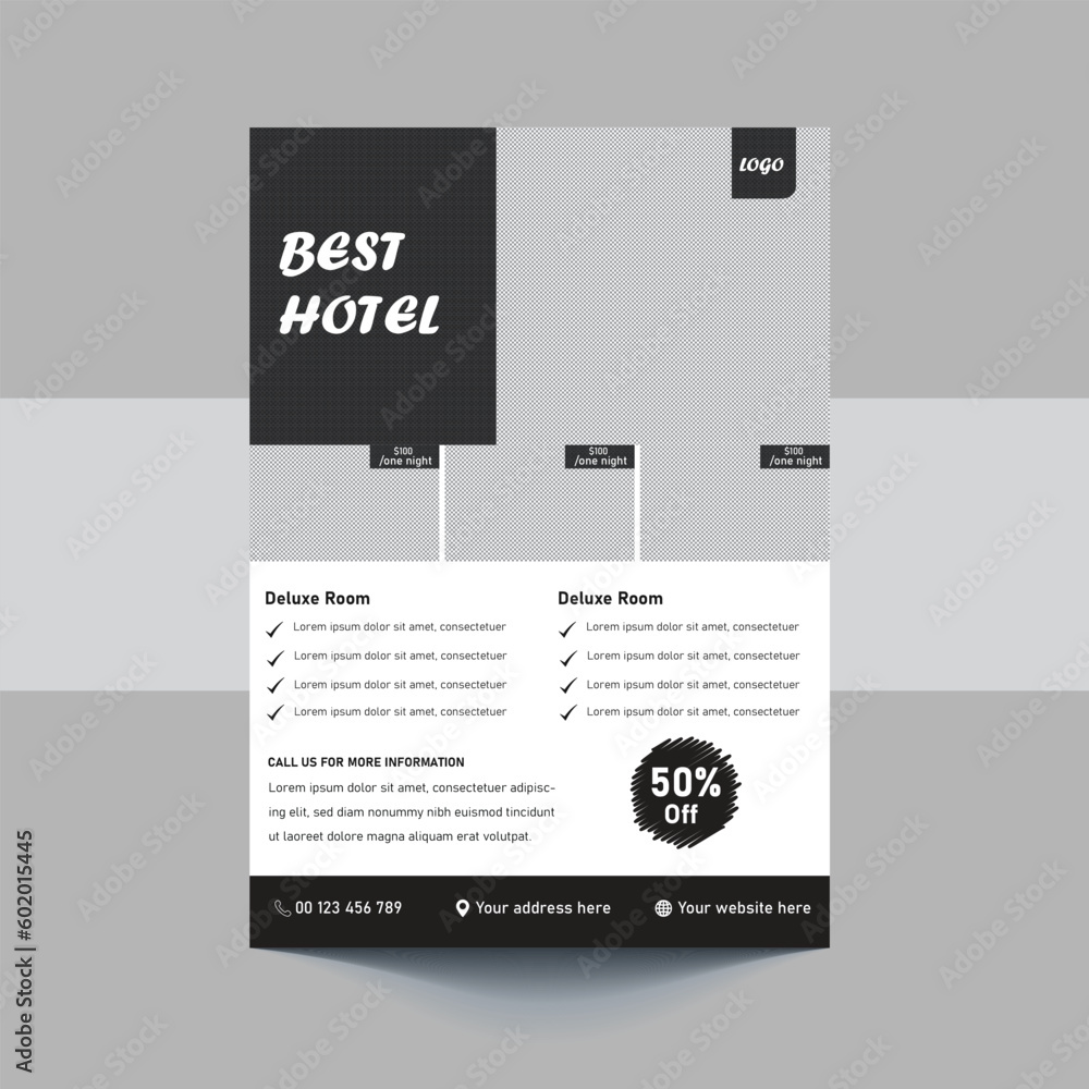 Hotel brochure template vector design with graphics. Illustration of hotel business flyer front and back pages design with the graphics, heading, text and icons Hotel brochure template vector design with graphics. Illustration of hotel business flyer front and back pages design with the graphics, heading, text and icons