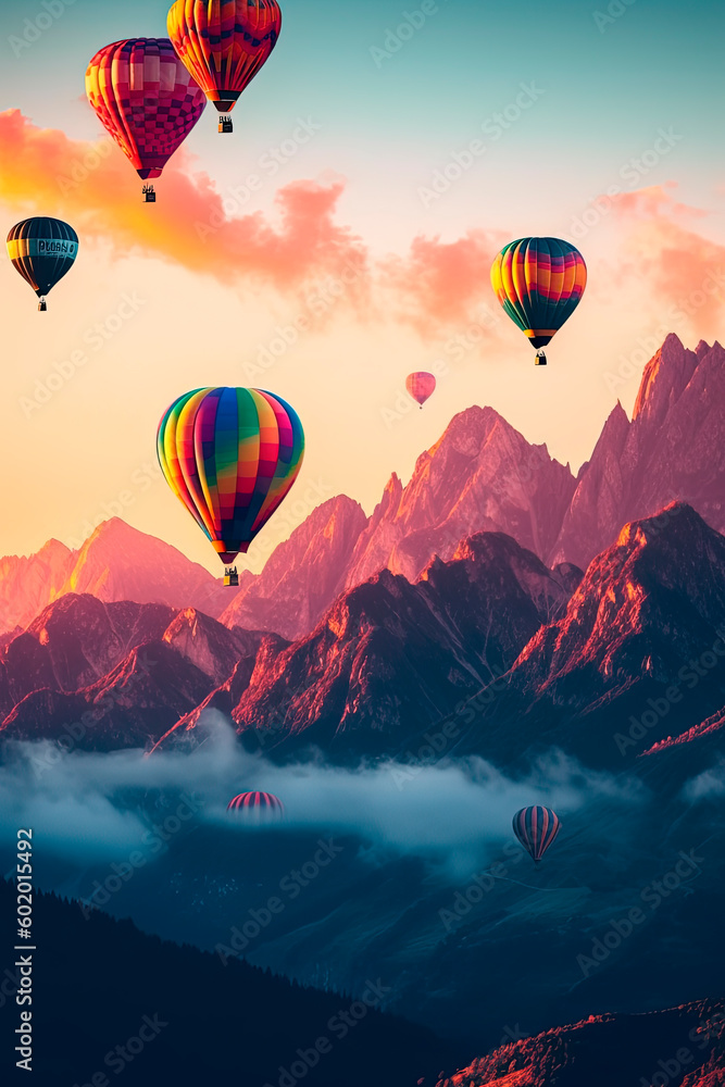 Fototapeta premium A group of hot air balloons flying over a mountains. Generative AI