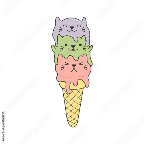 Cute ice cream cone with kawaii cat face cartoon character illustration. Hand drawn style design, line art, isolated vector. Kids print element, food logo, sweets, dessert, cafe menu