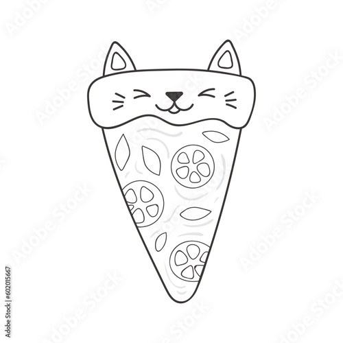 Cute pizza slice with kawaii cat face cartoon character illustration. Hand drawn style design, line art, isolated vector. Black and white coloring pages. Print element, logo, food, cooking, cafe menu