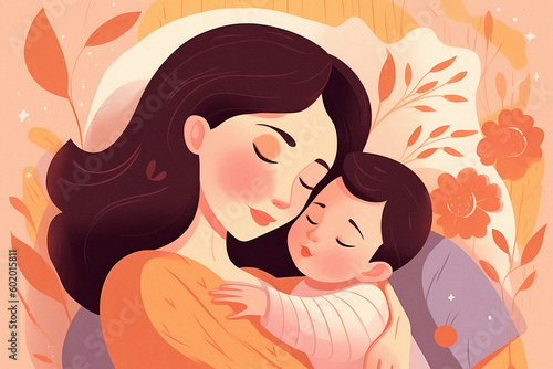 Mother s Day Poster  Gentle Mother and Cute Child in Cozy Living Room  Flat-Style Illustration  Warm Colors  Sparkling Eyes