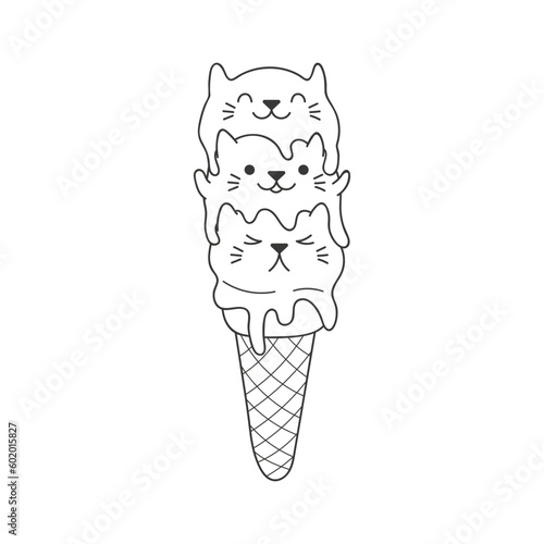 Cute ice cream cone with kawaii cat face cartoon character illustration. Hand drawn style design, line art, isolated vector. Black and white coloring pages. Print element, logo, sweet food, cafe menu