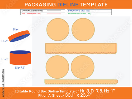Hat box, round lid gift box dieline template with the dimension H1 3, D 7.5, H2 1 inch