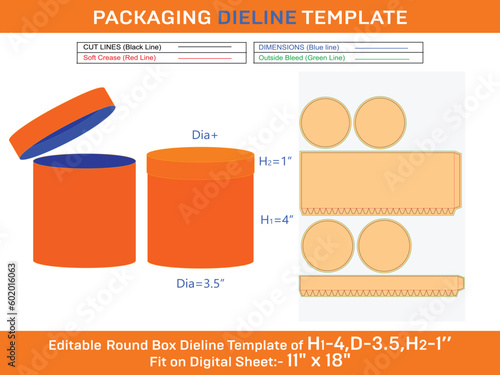 Templates of box for round hat, round lid box dielinewith the dimension H1 4, D3.5, H2 1 inch