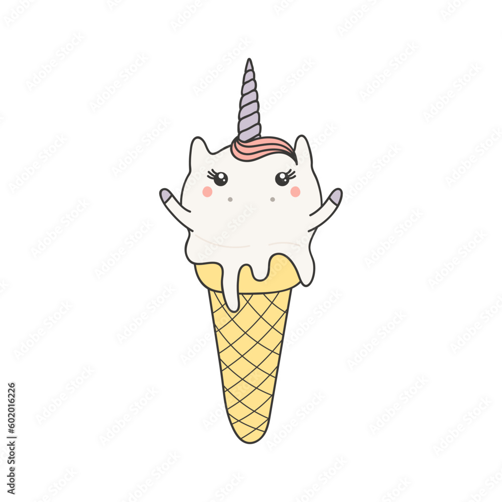 Cute ice cream cone with kawaii unicorn face cartoon character illustration. Hand drawn style design, line art, isolated vector. Kids print element, food logo, sweets, dessert, cafe menu Cute ice cream cone with kawaii unicorn face cartoon character illustration. Hand drawn style design, line art, isolated vector. Kids print element, food logo, sweets, dessert, cafe menu