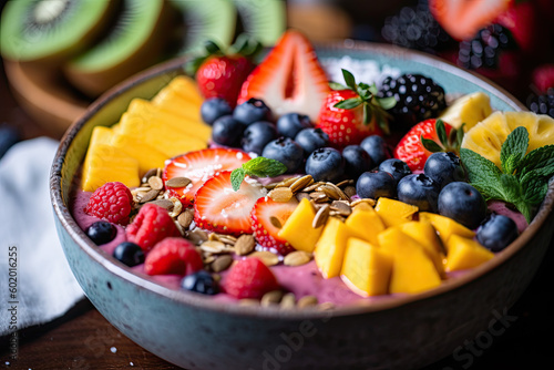 Colorful fruit smoothie bowl with granola and fresh fruit toppings