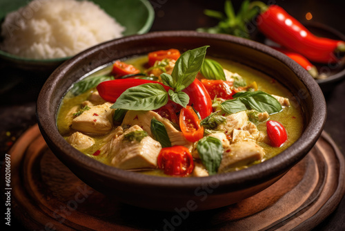 Spicy Thai green curry with chicken, vegetables, and jasmine rice