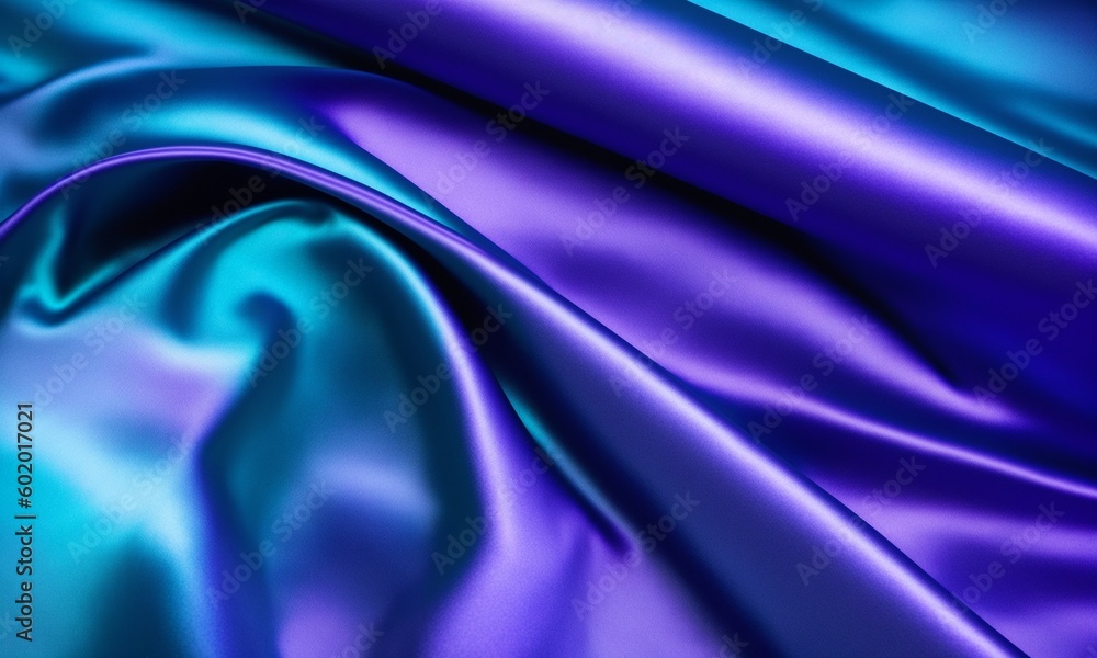 Silk satin. Gradient. Wavy folds. Shiny fabric surface. Beautiful purple teal background with space for design (Generative AI) - obrazy, fototapety, plakaty 