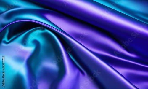 Silk satin. Gradient. Wavy folds. Shiny fabric surface. Beautiful purple teal background with space for design
