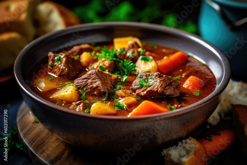 Bowl of hearty beef stew with carrots and potatoes