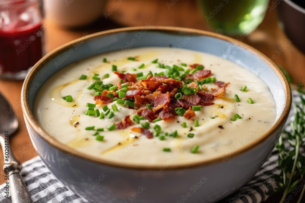 Bowl of creamy potato soup with bacon and chives