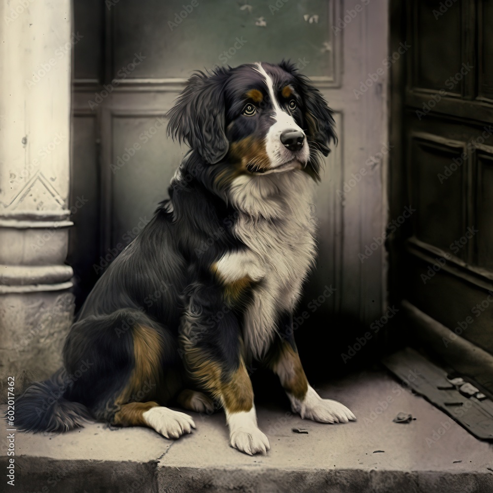 AI Generated. AI Generative. Photo realistic old vintage retro photo illustration of pet cute dog. Hand colored photography. Graphic Art