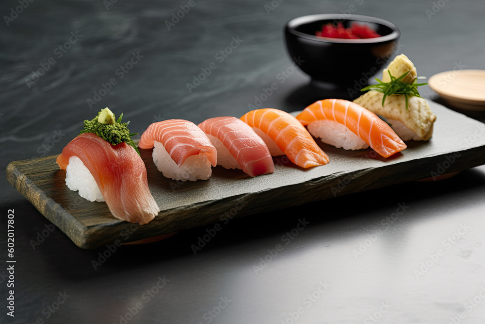 Platter of assorted sushi nigiri with fresh fish and wasabi