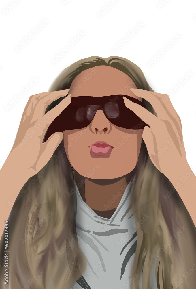 Close up with blonde haired woman wearing sunglasses with white background Close up with blonde haired woman wearing sunglasses with white background