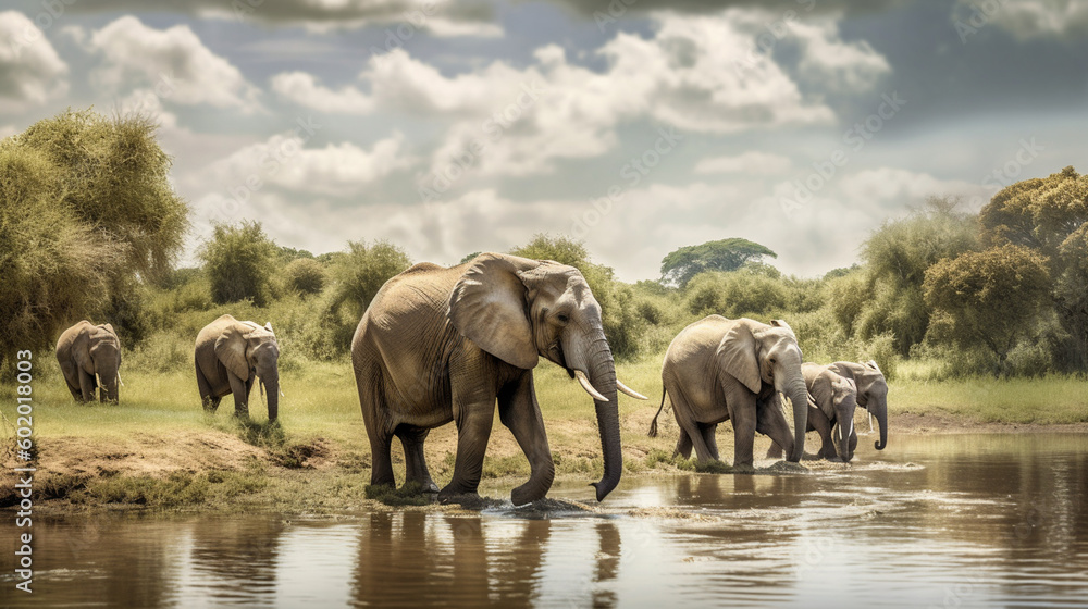 Fototapeta premium Elephants walking on a dirt road