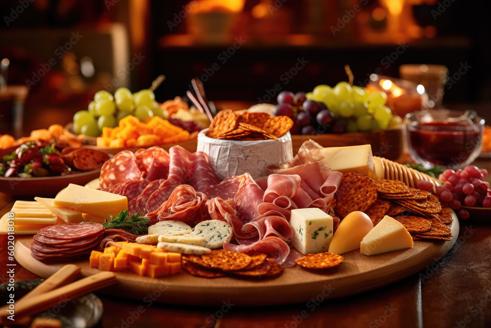 Platter of assorted charcuterie with cheese, meats, and crackers