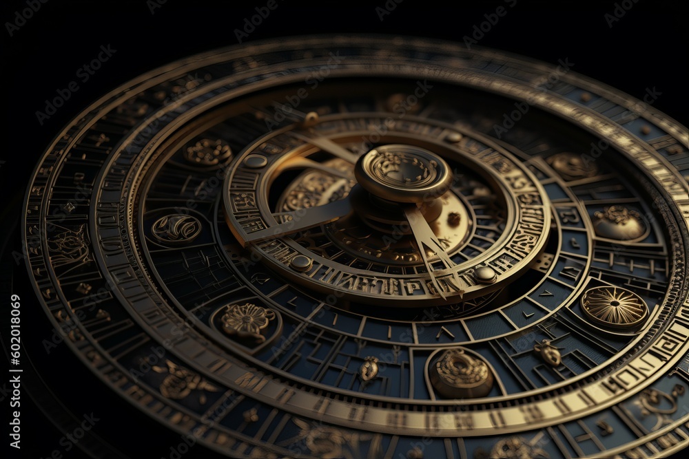 Golden zodiac circle clock. Generate Ai