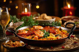Traditional Spanish paella with saffron-infused rice, seafood, and chorizo