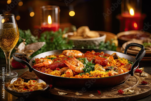 Traditional Spanish paella with saffron-infused rice  seafood  and chorizo