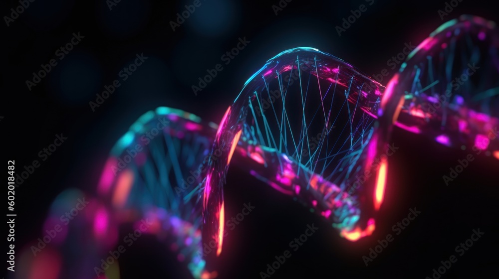 3d illustration of DNA molecule, neon style, futuristic, AI, science, medicine