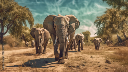 Elephants walking on a dirt road © DLC Studio